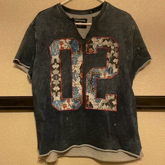 Women’s True Religion factory distressed sweatshirt Sz Large Navy Blue - Picture 1 of 4